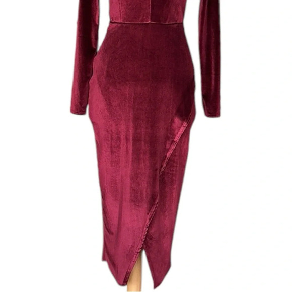 CLUB L Burgundy Velvet MIDI Dress Plunging Neck Faux Wrap US Size 8 - Picture 5 of 16